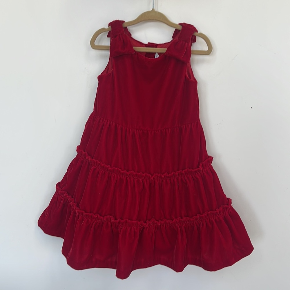 Janie and Jack Velvety Tiered Red Bow Dress Fully Lined Gold Button Back Size 2T